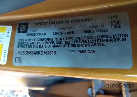 2019 Chevrolet Spark Ls Cvt z USA, uszkodzony, nr VIN KL8CB6SA0KC764618